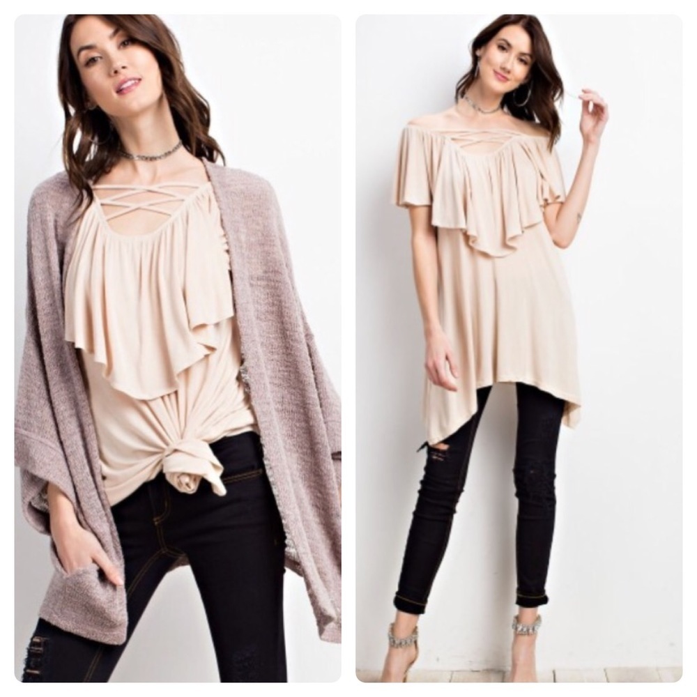 Desert Bloom Criss-Cross Ruffle Tunic – Beige Sharkbite Hem Top